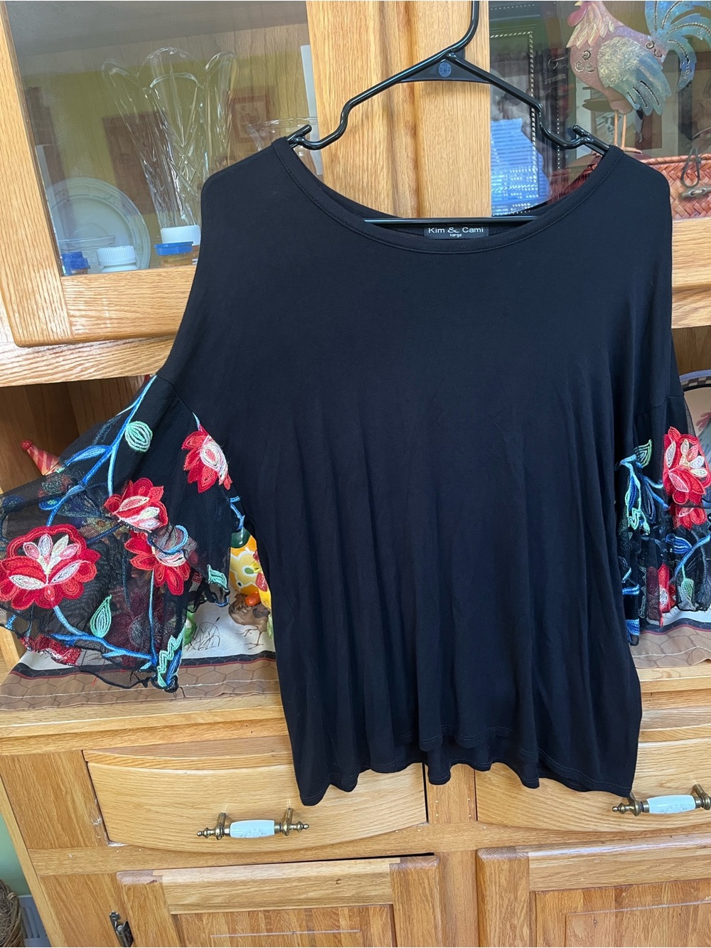 Kim & Cami women’s large Black Top with Embroidered Floral Sheer Bell Sleeves